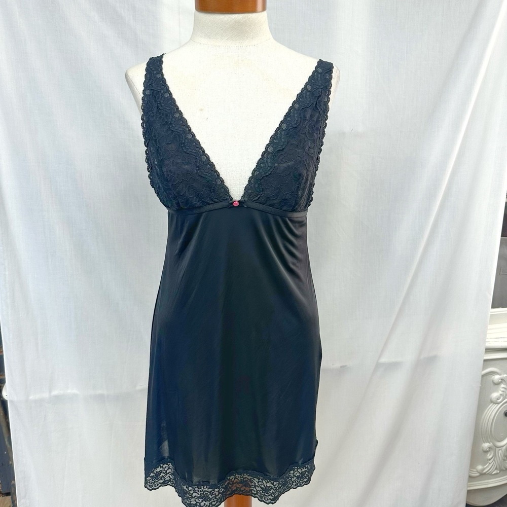 Victoria's Secret Lace Trim Black Babydoll Lingerie Dress Nightie Large Y2K